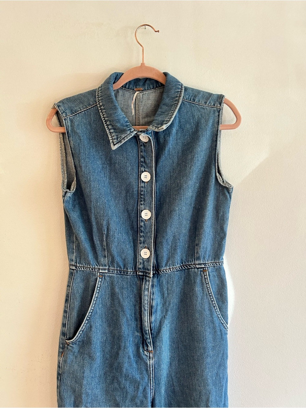 Free people movement sleeveless denim jumpsuit